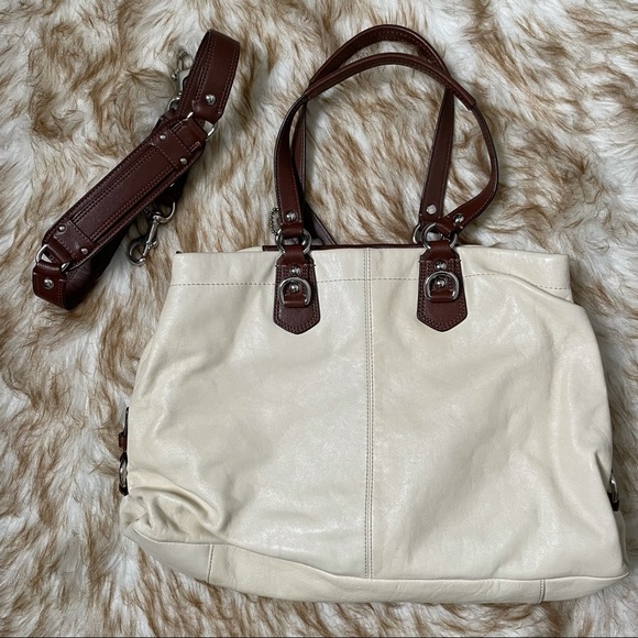 Coach 2 tone leather satchel w/ detachable strap. - Picture 2 of 9